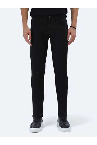 Kip Black Slim Fit Denim Cotton Blended Trousers