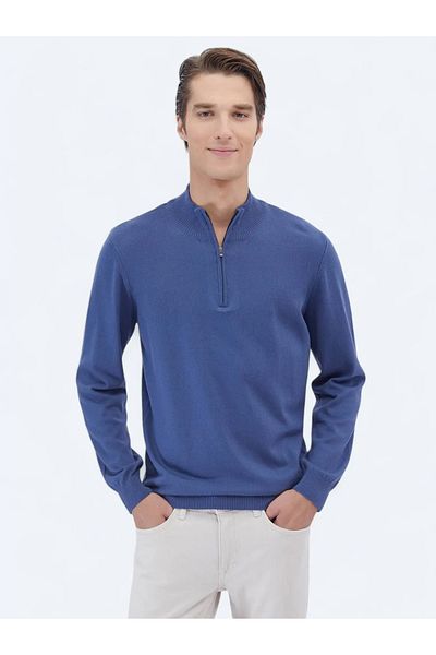 Kip Indigo Half Turtleneck Patterned Cotton Blend Knitwear Sweater