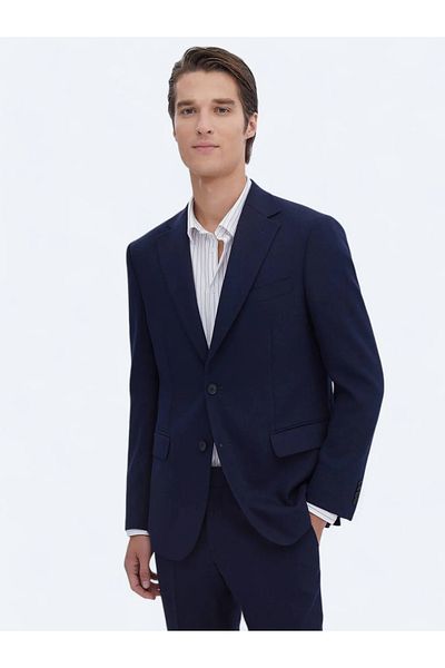 Kip Navy Blue Striped Modern Fit Wool Blend Suit