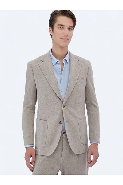 Kip Modern Fit Beige Patterned Cotton Blend Knitted Suit