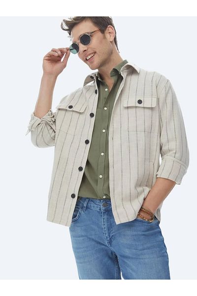 Kip Μπεζ ριγέ Oversize Fit Υφαντό 100% βαμβακερό παντελόνι