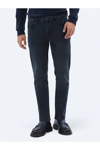 Kip Navy Blue Slim Fit Denim Cotton Blended Trousers