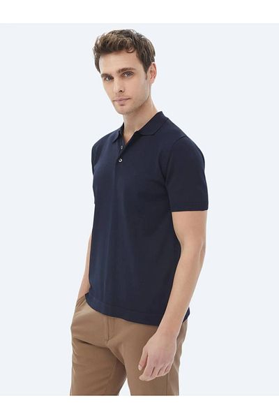 Kip Navy Blue Polo Collar Plain Knitted Knitwear