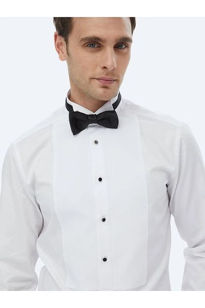 Kip Tuxedo alb slim fit - croială simplă, manșetă dublă, cămașă cu guler Ata