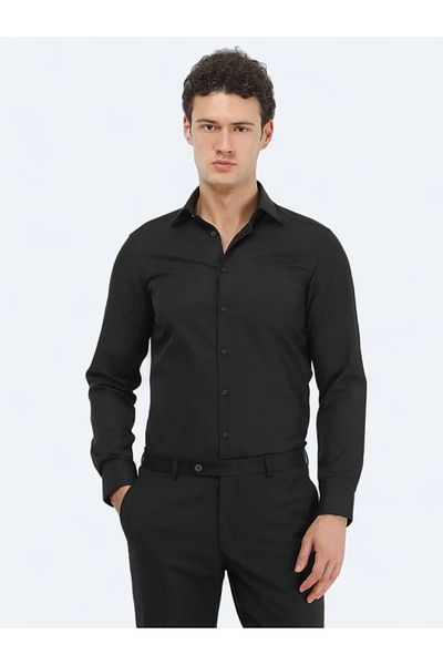 Kip Μαύρο Slim Fit Classic βαμβακερό πουκάμισο
