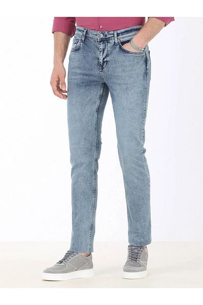 Kip Navy Blue Slim Fit Denim-Cotton Blend Trousers