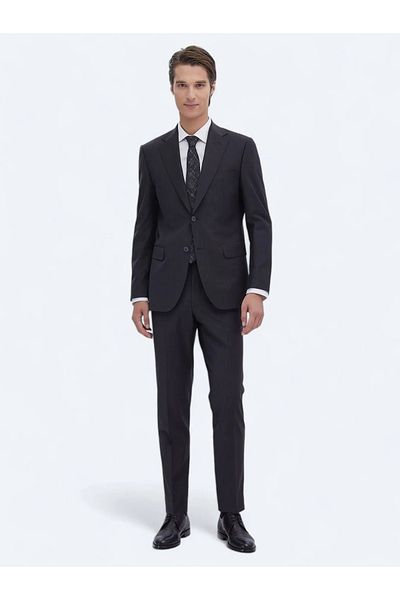 Kip Modern Fit Wool Blended Suit with Navy Blue Print