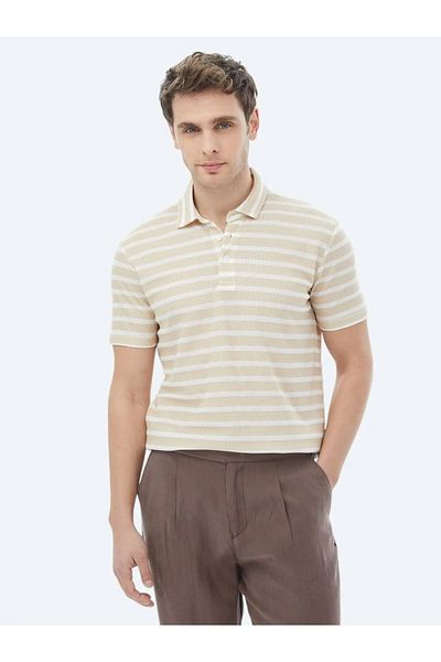 Kip Μπλουζάκι Polo Neck Beige ριγέ βαμβακερό μείγμα