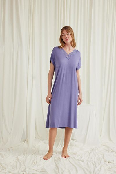 MONAMİSE Short Sleeve Nightgown with Lace Collar