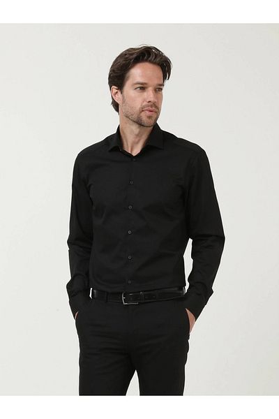 Kip Μαύρο Regular Fit - Υφαντό κλασικό πουκάμισο από βαμβακερό μείγμα