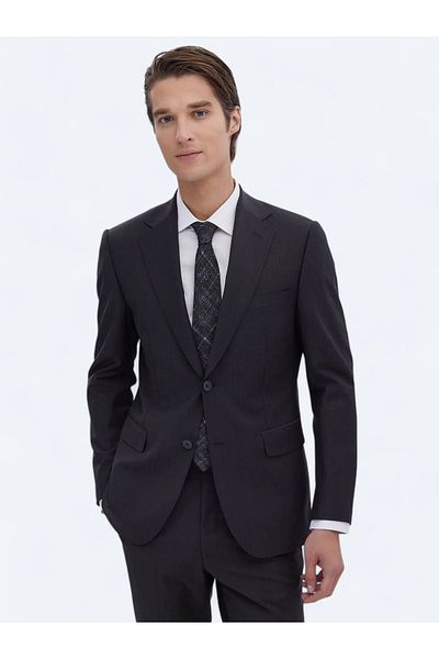 Kip Modern Fit Wool Blended Suit with Navy Blue Print