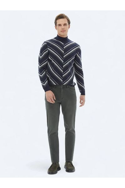 Kip Navy Blue Half Turtleneck Patterned Cotton Blended Knitwear Sweater
