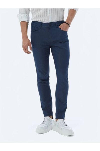 Kip Navy Blue Woven Slim Fit Casual Cotton Blend Trousers