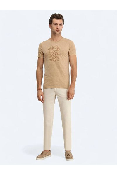 Kip Linen Blended Camel Feather Printed Crew Neck T-shirt