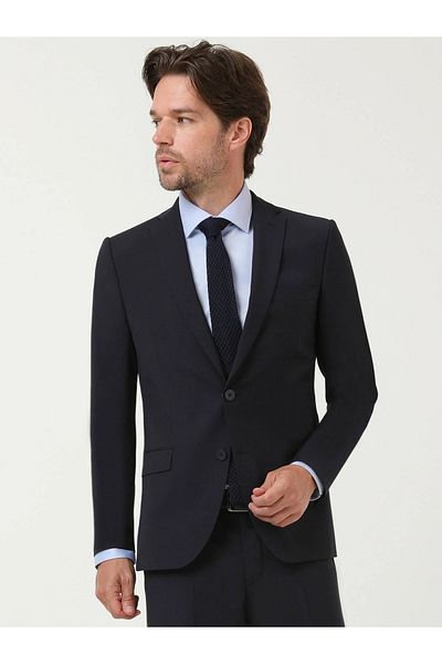 Kip Navy Plain Slim Fit Wool Blended Suit