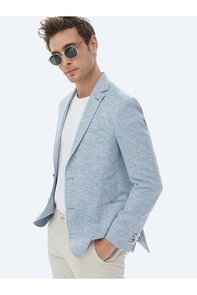 Kip Blue Micro Modern Fit Linen Blended Jacket