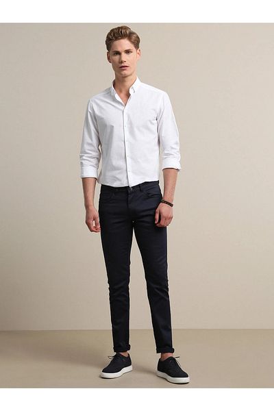 Kip Navy Blue Casual Fitted Trousers - Straight Woven, Cotton Blend