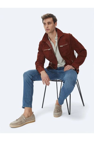 Kip Navy Blue Slim Fit Denim-Cotton Blend Trousers