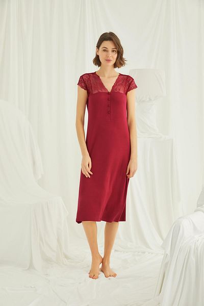 MONAMİSE Monamise Women's Red Lace Collar Buttoned Nightgown 18481