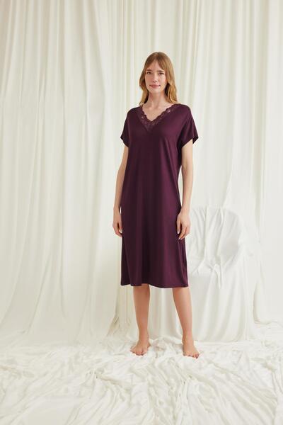 MONAMİSE Short Sleeve Nightgown with Lace Collar