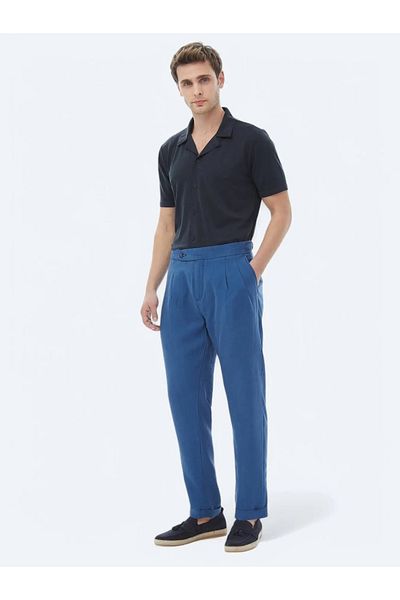 Kip Blue Woven Carrot Fit Casual Trousers