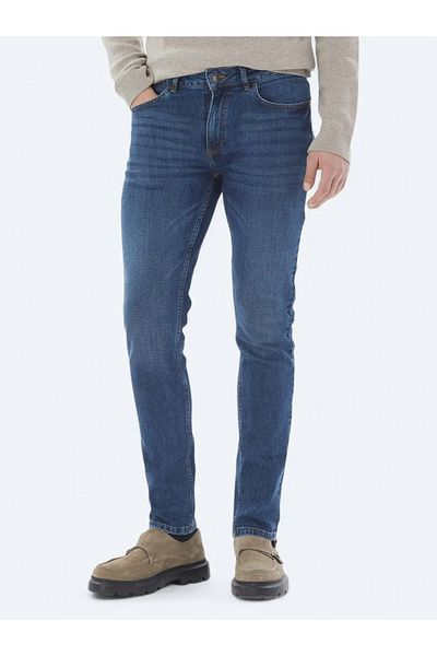 Kip Navy Blue Slim Fit Denim-Cotton Blend Trousers