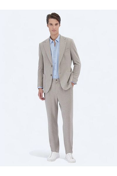 Kip Modern Fit Beige Patterned Cotton Blend Knitted Suit