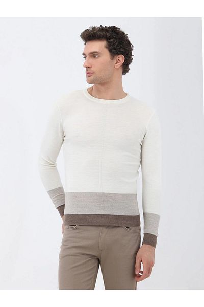 Kip Ecru Crew Neck Wool Blended Sweater