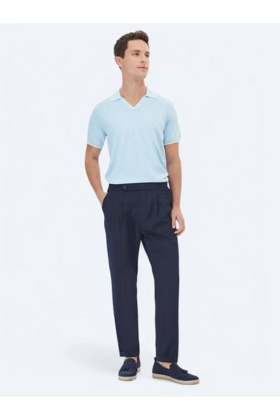 Kip Navy Blue Carrot Fit Smart Casual Trousers - Plain Woven