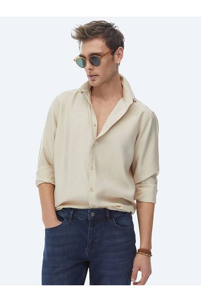 Kip Μπεζ Casual υφαντό πουκάμισο - Απλό κανονική εφαρμογή