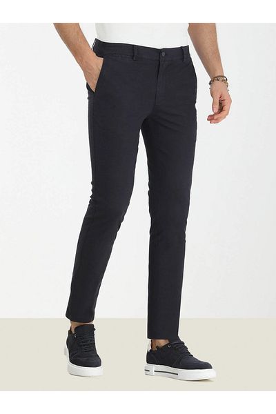 Kip Casual Slim Fit Navy Blue Cotton Blended Trousers