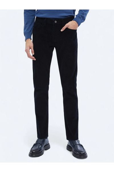Kip Navy Blue Woven Slim Fit Velvet Casual Cotton Blended Pants