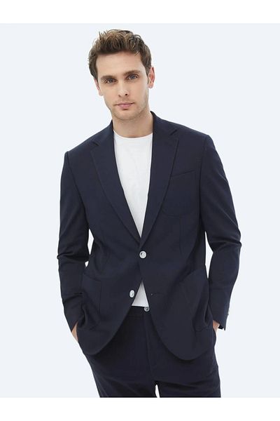 Kip Navy Blue Plain Modern Fit Cotton Blend Knitted Suit