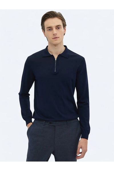 Kip Navy Blue Polo Neck Plain Knit Sweater