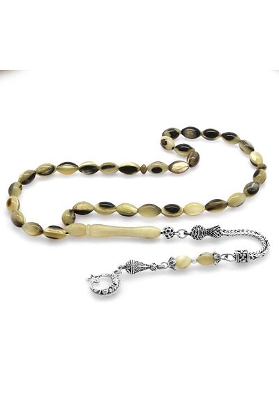 Tesbihane Non-Tarnish Metal Crescent and Star Tasseled Barley Cut Ram Horn Rosary