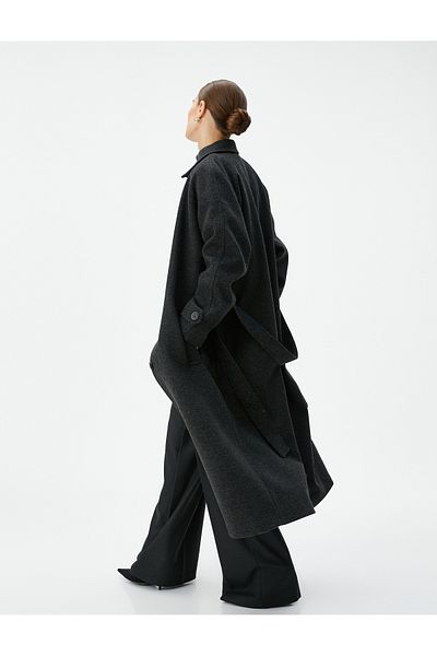 Koton Long Coat Belted Waist Pocket Shirt Collar