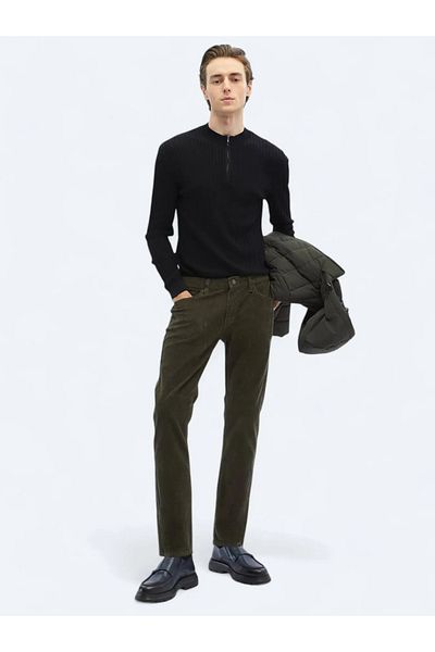 Kip Khaki Woven Slim Fit Velvet Casual Cotton Blended Pants