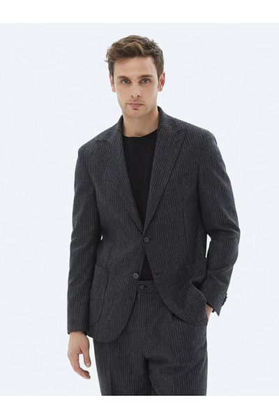 Kip Anthracite Striped Modern Fit Wool Blended Suit
