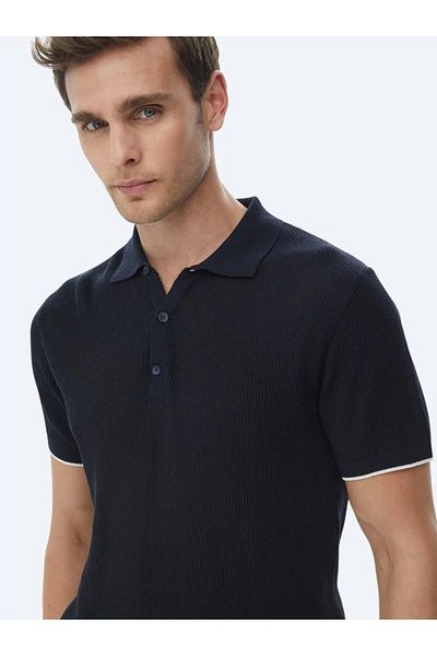 Kip Navy Blue Polo Neck Jacquard Knitwear