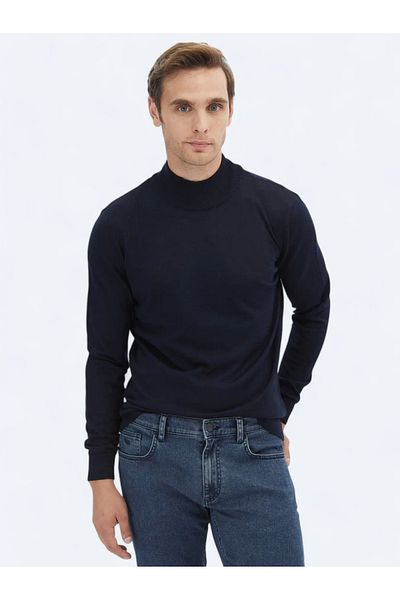 Kip Navy Blue Half Turtleneck Plain Knit Wool Blended Sweater