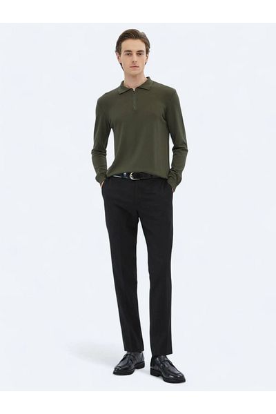 Kip Khaki Polo Neck Plain Knit Sweater