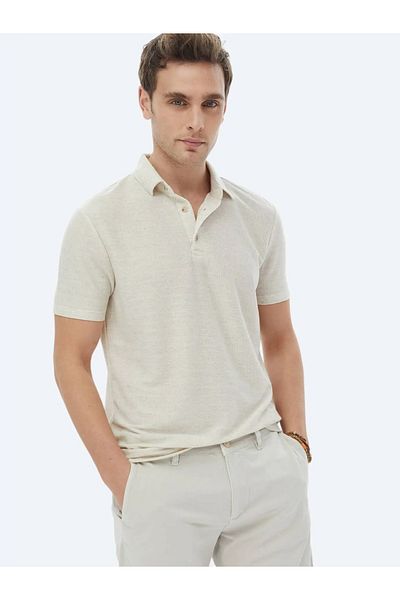 Kip Beige Polo Collar Linen Blended T-Shirt
