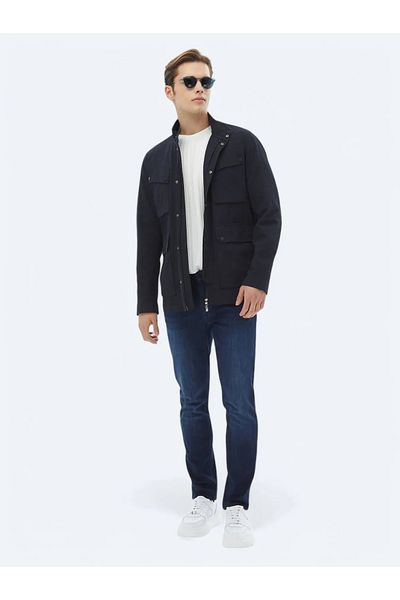 Kip Navy Blue Slim Fit Denim Cotton Blended Trousers