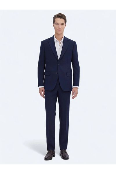 Kip Navy Blue Striped Modern Fit Wool Blend Suit