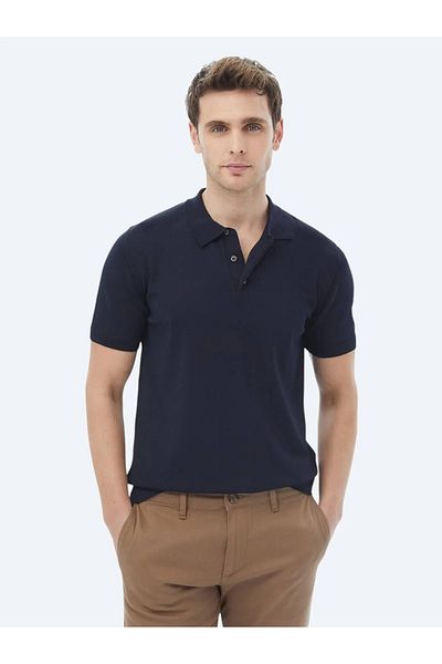 Kip Navy Blue Polo Collar Plain Knitted Knitwear
