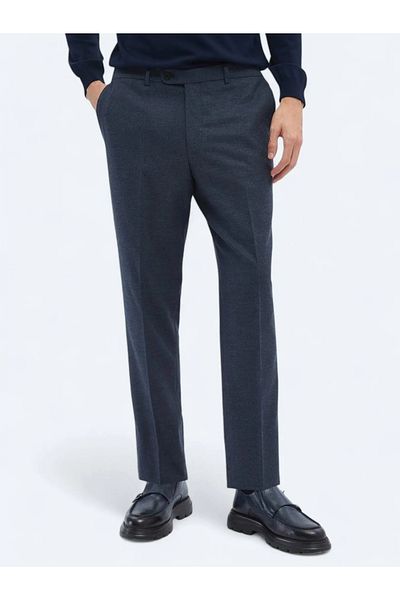 Kip Light Navy Blue Plain Woven Fitted Fit Classic Trousers