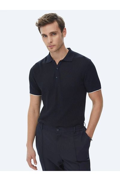 Kip Navy Blue Polo Neck Jacquard Knitwear
