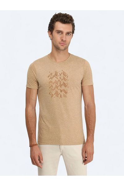 Kip Linen Blended Camel Feather Printed Crew Neck T-shirt