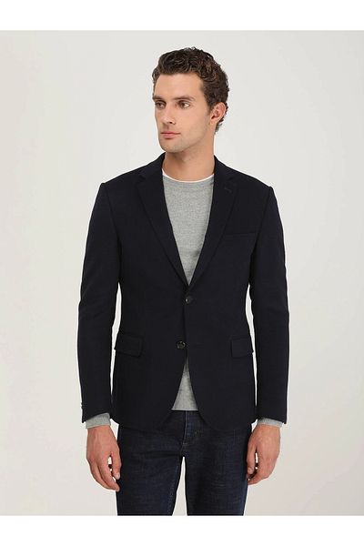 Kip Navy Blue Plain Wool Blend Jacket