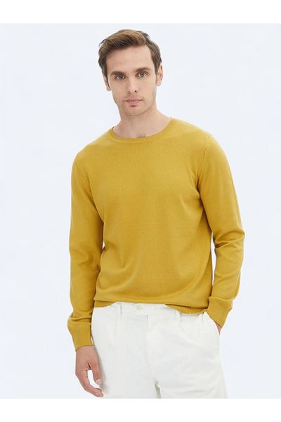 Kip Yellow Crew Neck Plain Knit Cotton Blended Sweater